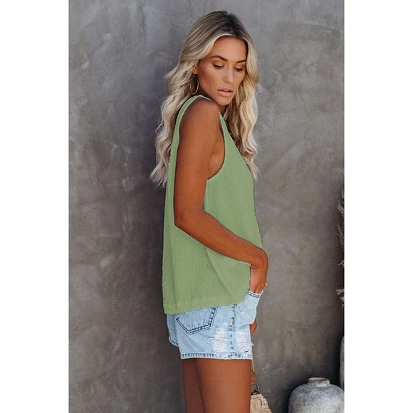 Boho Green Button Textured Tank Top - Picture 9 of 11
